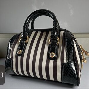 Henri Bendel Striped Black Top Handle Bag with added chain - EUC!